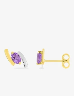 Boucles d'oreilles clous or jaune 375 ‰, améthyste et rhodium SO OR