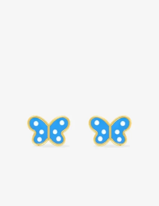 Boucles d'oreilles clous papillon or jaune 750 ‰ et laque bleu/blanc SO OR