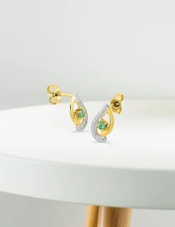 Boucles d'oreilles clous rhodié or jaune 375‰, émeraude SO OR
