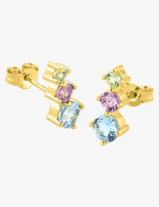 Boucles d'oreilles clous trilogie or jaune 750 ‰, topaze, péridot, améthyste SO OR