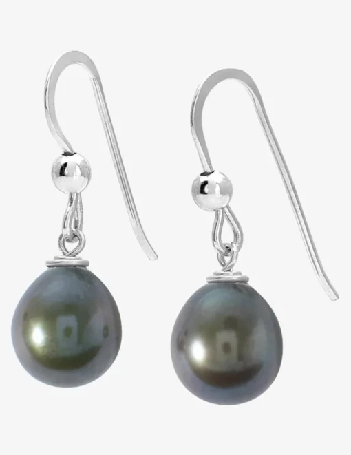 Boucles d'oreilles crochet argent 925‰ rhodié et perle de culture d'eau douce noire 8 mm SO OR