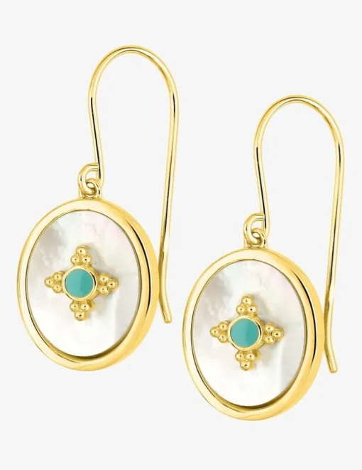 Boucles d'oreilles crochet plaqué or, ovale nacre et laque bleue SO OR