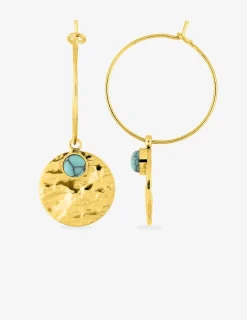 Boucles d'oreilles créoles acier doré, turquoise bleue synthétique SO OR