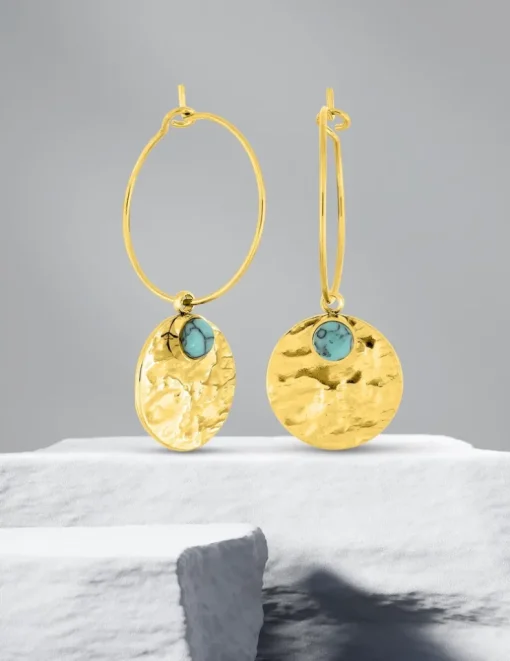 Boucles d'oreilles créoles acier doré, turquoise bleue synthétique SO OR