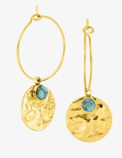 Boucles d'oreilles créoles acier doré, turquoise bleue synthétique SO OR