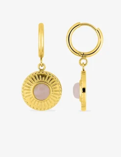 Boucles d'oreilles créoles et motif pendant acier doré et cristal rose synthétique SO OR