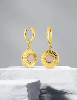 Boucles d'oreilles créoles et motif pendant acier doré et cristal rose synthétique SO OR