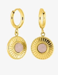 Boucles d'oreilles créoles et motif pendant acier doré et cristal rose synthétique SO OR