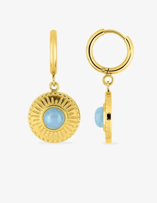 Boucles d'oreilles créoles et motif pendant acier doré et cristal bleu synthétique SO OR