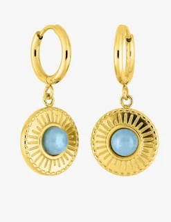 Boucles d'oreilles créoles et motif pendant acier doré et cristal bleu synthétique SO OR