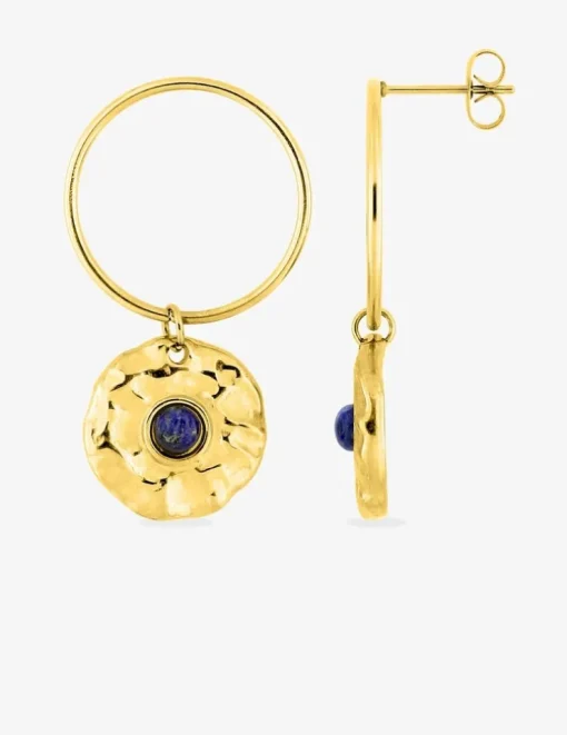 Boucles d'oreilles créoles acier doré et lapis-lazuli bleu SO OR