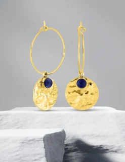 Boucles d'oreilles créoles acier doré et lapis-lazuli bleu synthétique SO OR