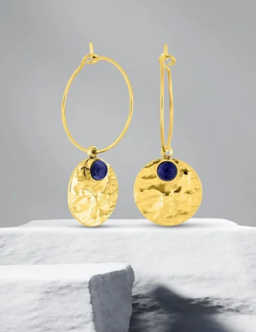 Boucles d'oreilles créoles acier doré et lapis-lazuli bleu synthétique SO OR