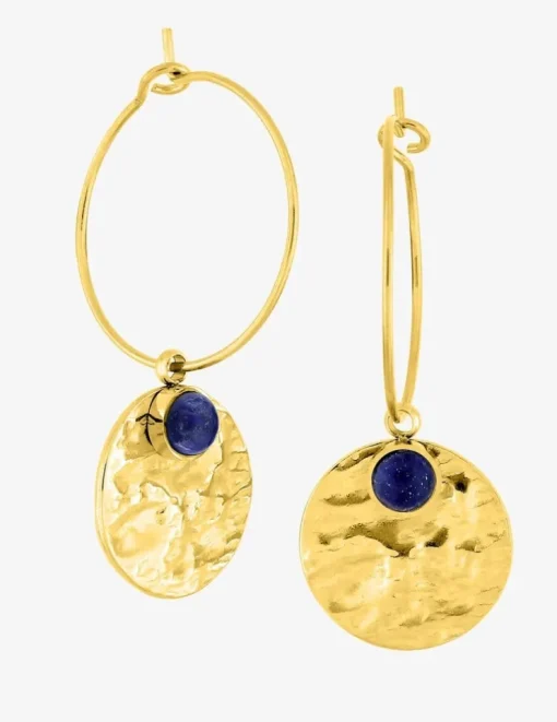Boucles d'oreilles créoles acier doré et lapis-lazuli bleu synthétique SO OR