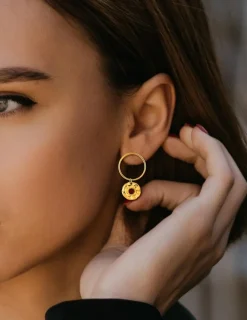 Boucles d'oreilles créoles acier doré et rubis synthétique SO OR