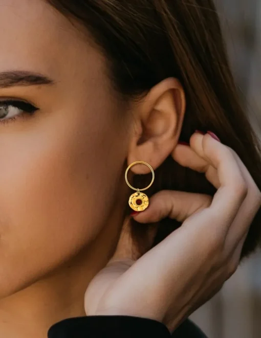 Boucles d'oreilles créoles acier doré et rubis synthétique SO OR