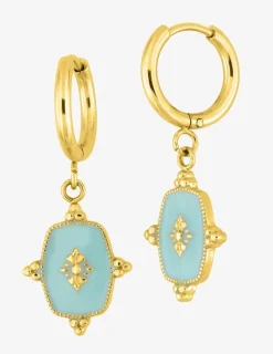 Boucles d'oreilles créoles acier doré et lacque turquoise SO OR