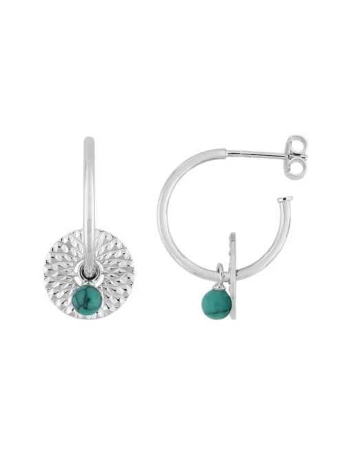 Boucles d'oreilles créoles en argent 925 ‰ rhodié avec turquoise SO OR