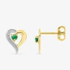 Boucles d'oreilles cœur bicolore or jaune 375‰, rhodium et émeraude SO OR