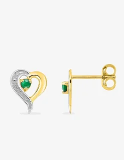 Boucles d'oreilles cœur bicolore or jaune 375‰, rhodium et émeraude SO OR
