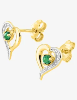 Boucles d'oreilles cœur bicolore or jaune 375‰, rhodium et émeraude SO OR