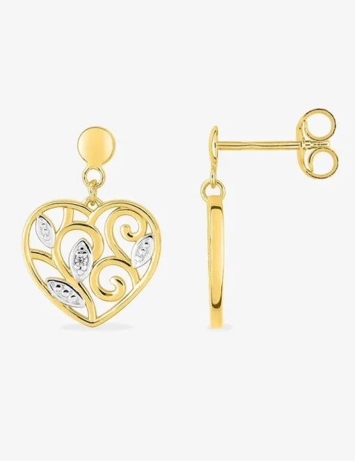 Boucles d'oreilles cœur filigrane or jaune 375‰, rhodium et oxydes de zirconium SO OR