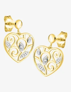 Boucles d'oreilles cœur filigrane or jaune 375‰, rhodium et oxydes de zirconium SO OR