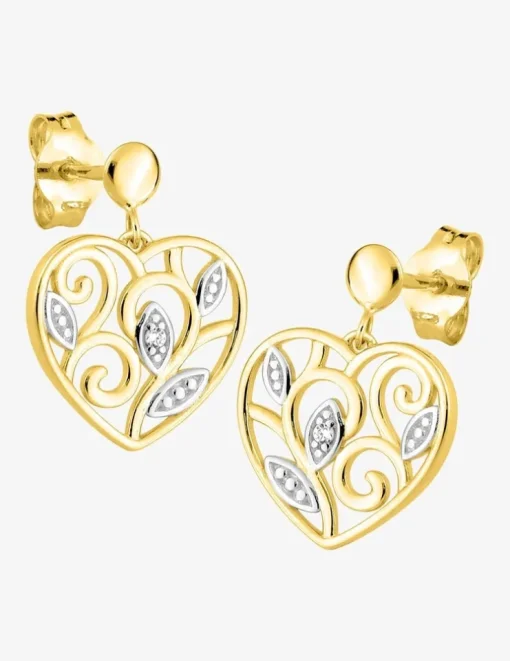 Boucles d'oreilles cœur filigrane or jaune 375‰, rhodium et oxydes de zirconium SO OR