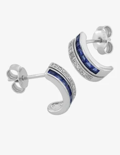 Boucles d'oreilles demi-créoles argent 925‰ rhodié, oxydes de zirconium bleus et blancs SO OR