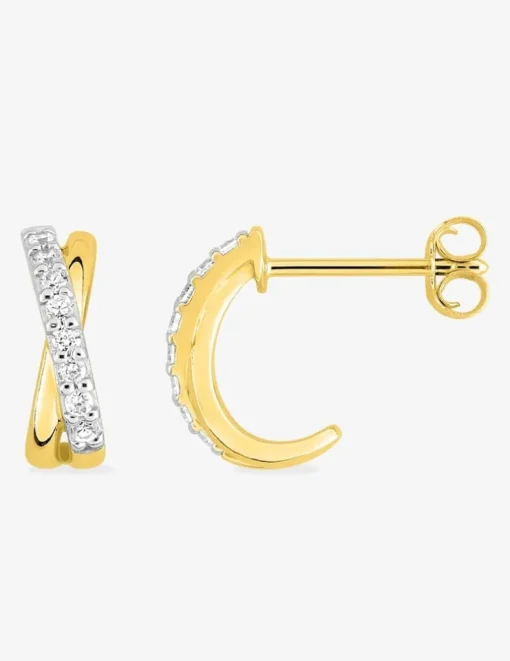 Boucles d'oreilles demi-créoles anneaux croisés bicolores 1 mm plaqué or, rhodium et oxyde de zirconium SO OR