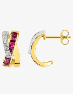 Boucles d'oreilles demi-créoles or jaune 750 ‰, rubis et rhodium SO OR
