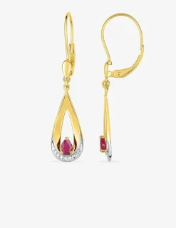 Boucles d'oreilles dormeuses gouttes or jaune 750 ‰, rubis et rhodium SO OR