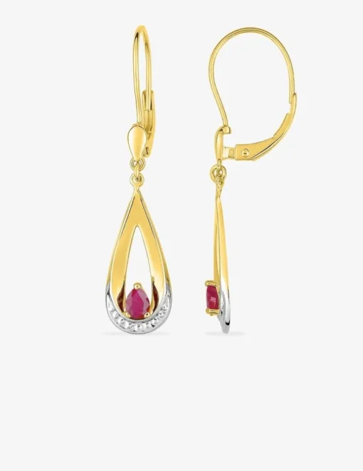 Boucles d'oreilles dormeuses gouttes or jaune 750 ‰, rubis et rhodium SO OR