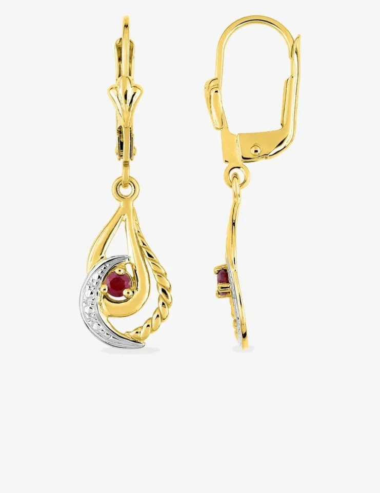 Boucles d'oreilles dormeuses or jaune 750 ‰, rubis et rhodium SO OR