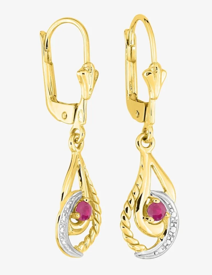 Boucles d'oreilles dormeuses or jaune 750 ‰, rubis et rhodium SO OR