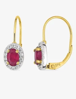 Boucles d'oreilles dormeuses or jaune 375 ‰, rhodium, rubis et oxyde de zirconium SO OR