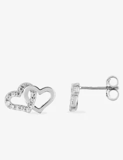 Boucles d'oreilles double cœur en or blanc 375‰ rhodié et oxyde de zirconium SO OR
