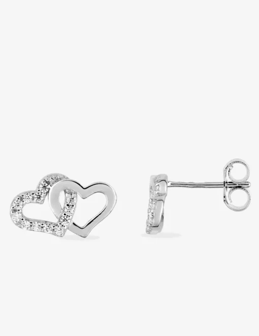 Boucles d'oreilles double cœur en or blanc 375‰ rhodié et oxyde de zirconium SO OR