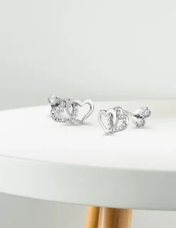 Boucles d'oreilles double cœur en or blanc 375‰ rhodié et oxyde de zirconium SO OR