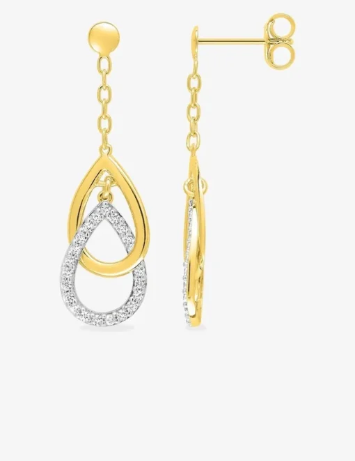 Boucles d'oreilles double goutte or jaune 375‰, rhodium et oxydes de zirconium SO OR
