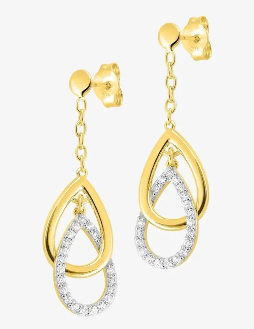 Boucles d'oreilles double goutte or jaune 375‰, rhodium et oxydes de zirconium SO OR