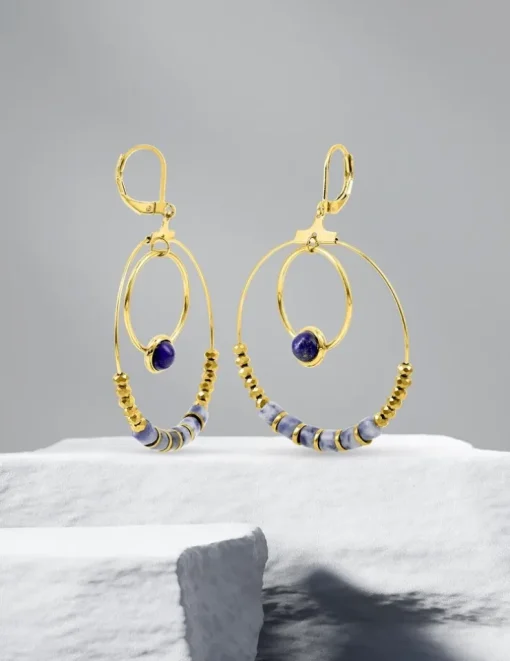 Boucles d'oreilles fantaisie lapis-lazuli bleu et acier doré SO OR