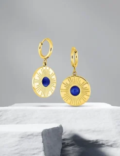 Boucles d'oreilles fantaisie ronde acier doré, agate bleu SO OR