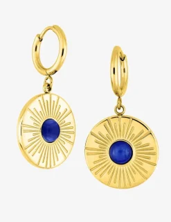 Boucles d'oreilles fantaisie ronde acier doré, agate bleu SO OR