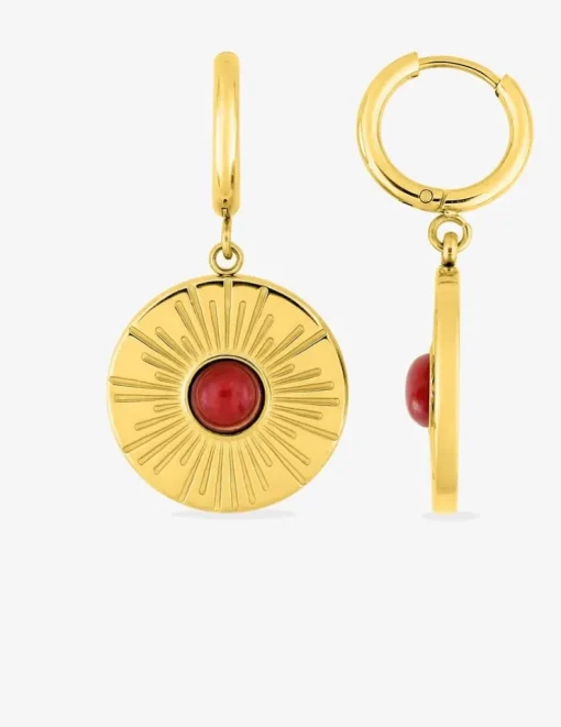 Boucles d'oreilles fantaisie ronde acier doré, agate rouge SO OR