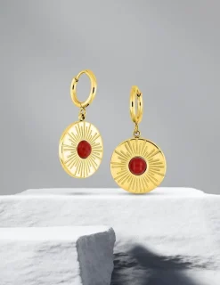 Boucles d'oreilles fantaisie ronde acier doré, agate rouge SO OR