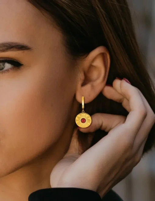 Boucles d'oreilles fantaisie ronde acier doré, agate rouge SO OR