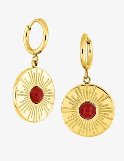 Boucles d'oreilles fantaisie ronde acier doré, agate rouge SO OR
