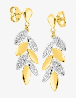 Boucles d'oreilles feuilles or jaune 375‰, rhodium et oxydes de zirconium SO OR