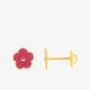 Boucles d'oreilles fleur rose or jaune 375‰ et laque SO OR